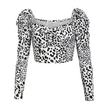 Load image into Gallery viewer, Sexy Women Leopard Crop Tops Blouse Ladies Deep U Collar Long Sleeve Printing Shirts Pullovers High Street Slim Blusa Chemise OL