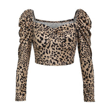 Load image into Gallery viewer, Sexy Women Leopard Crop Tops Blouse Ladies Deep U Collar Long Sleeve Printing Shirts Pullovers High Street Slim Blusa Chemise OL