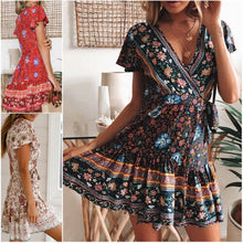 Load image into Gallery viewer, Sexy Women Bohemia Flower Print Dress Party Clubwear Short Sleeve  V-Neck Casual Summer Beach Bodycon 2019 Hot Sale Mini Dress