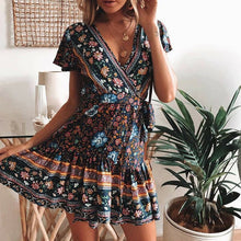 Load image into Gallery viewer, Sexy Women Bohemia Flower Print Dress Party Clubwear Short Sleeve  V-Neck Casual Summer Beach Bodycon 2019 Hot Sale Mini Dress