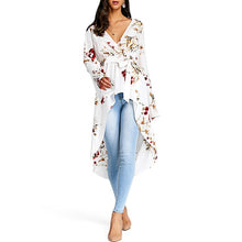 Load image into Gallery viewer, VESTLINDA Women Bell Sleeve Floral High Low Fishtail Top Blouse Fashion Casual Plunging Neck Long Sleeves Long Blouses Blusas