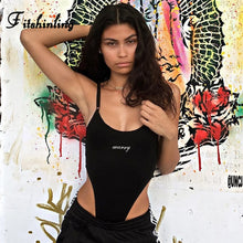 Load image into Gallery viewer, Fitshinling Cotton high cut summer bodysuits good quality letter print spaghetti strap black bodysuit women 2019 body jumpsuits