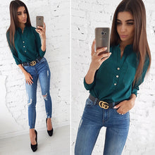 Load image into Gallery viewer, Women 2018 Casual Buttons Pockets Blouses Three Quarter V neck Solid Vintage Shirt Autumn New Fashion Women Tops And Blouse