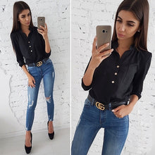 Load image into Gallery viewer, Women 2018 Casual Buttons Pockets Blouses Three Quarter V neck Solid Vintage Shirt Autumn New Fashion Women Tops And Blouse