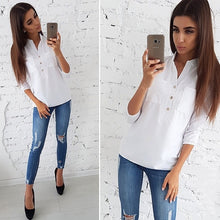 Load image into Gallery viewer, Women 2018 Casual Buttons Pockets Blouses Three Quarter V neck Solid Vintage Shirt Autumn New Fashion Women Tops And Blouse