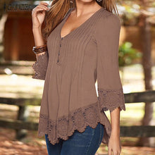 Load image into Gallery viewer, ZANZEA Women 2019 Autumn Elegant Lace Blouses Shirts Sexy V Neck Casual 3/4 Sleeve Asymmetrical Solid Blusas Tops Oversized