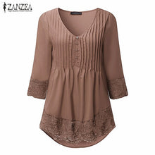 Load image into Gallery viewer, ZANZEA Women 2019 Autumn Elegant Lace Blouses Shirts Sexy V Neck Casual 3/4 Sleeve Asymmetrical Solid Blusas Tops Oversized