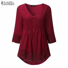 Load image into Gallery viewer, ZANZEA Women 2019 Autumn Elegant Lace Blouses Shirts Sexy V Neck Casual 3/4 Sleeve Asymmetrical Solid Blusas Tops Oversized