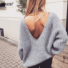 Load image into Gallery viewer, Rugod 2019 New Sexy Backless V-neck Sweater Women Pullover Autumn Winter Casual Knitted Sweater Femme Tricot Pullover Jumpers