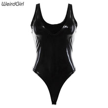 Load image into Gallery viewer, Weirdgirl Women pu leather Bodysuits Sexy Party Black v-neck Skinny Sleeveless Spring Highstreet Spaghetti Strap Rompers New