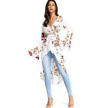 Load image into Gallery viewer, VESTLINDA Women Bell Sleeve Floral High Low Fishtail Top Blouse Fashion Casual Plunging Neck Long Sleeves Long Blouses Blusas